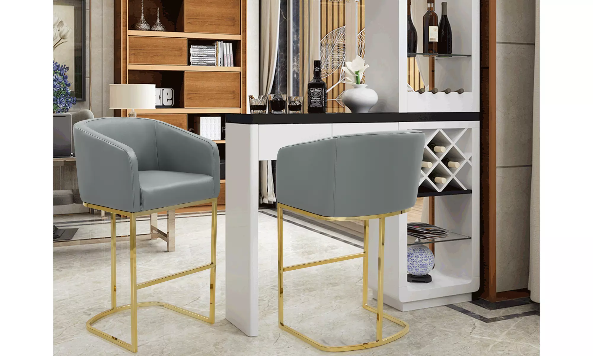 Rodin PU Leather Bar or Counter Stool with  Half-Moon Gold Tone Solid Metal - Primary Image