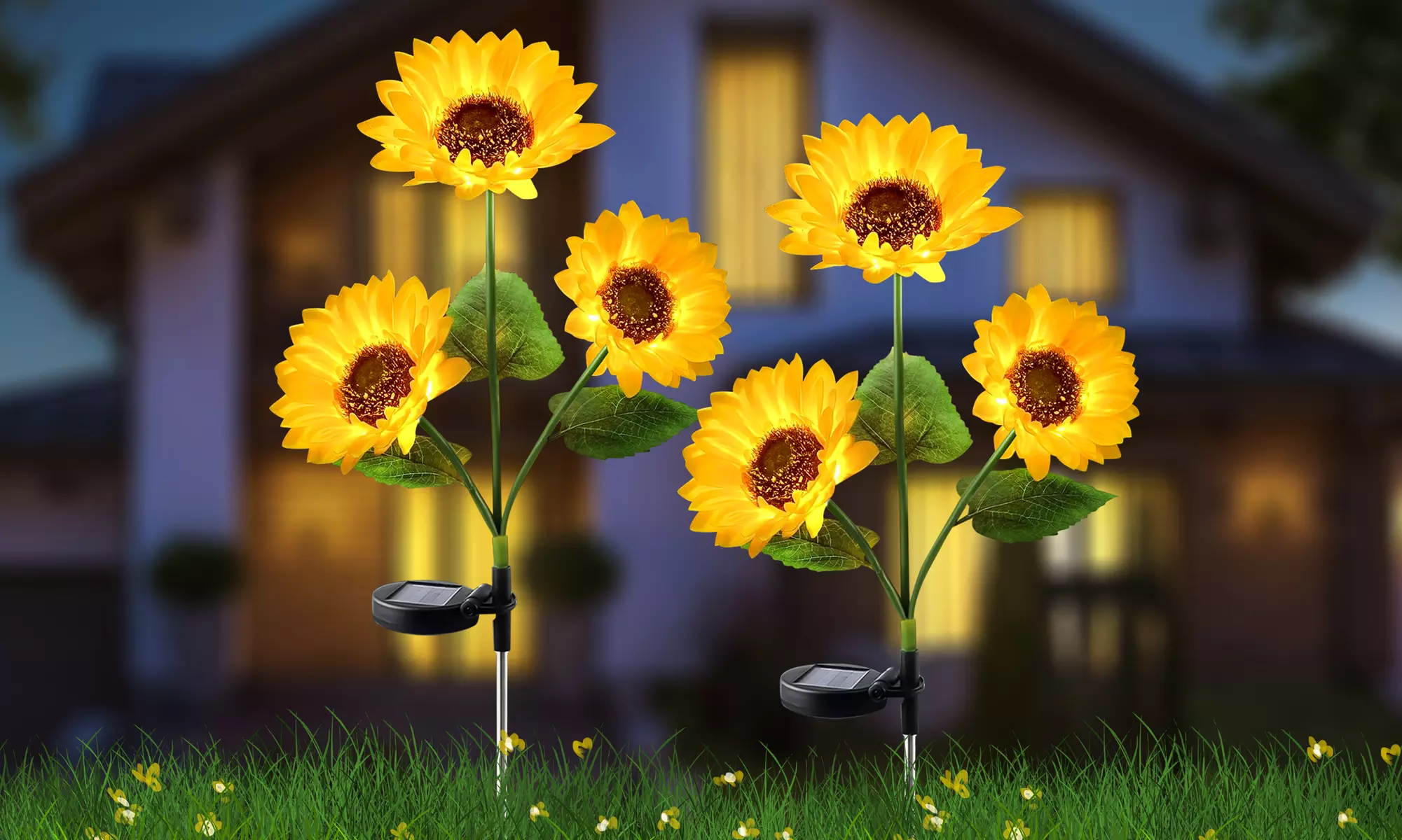 2-Pack Solar Sunflower Lights Outdoor Garden Stake Light with 6 Sunflower Lights