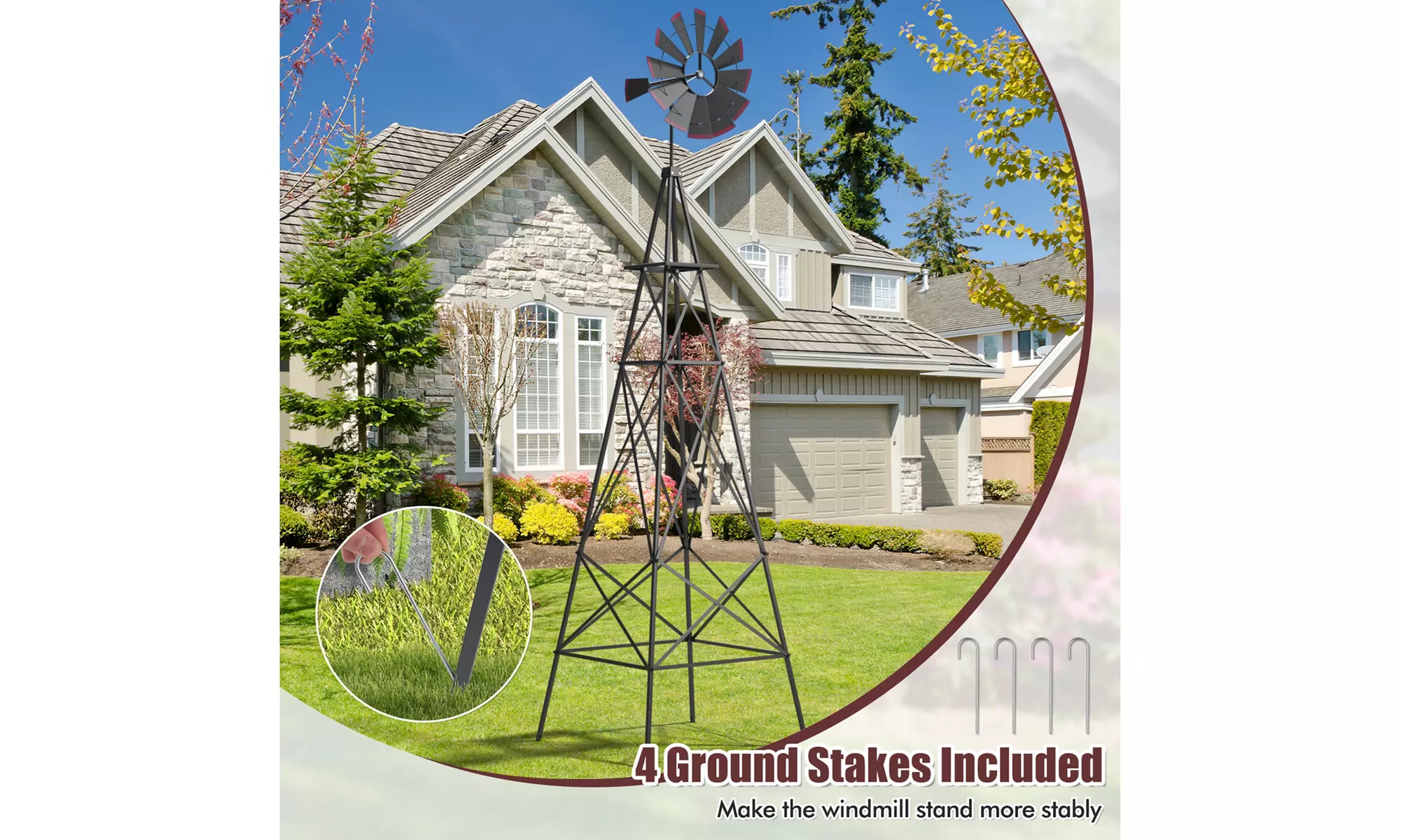 Costway 8Ft Tall Windmill Ornamental Wind Wheel Silver Garden Weather Vane