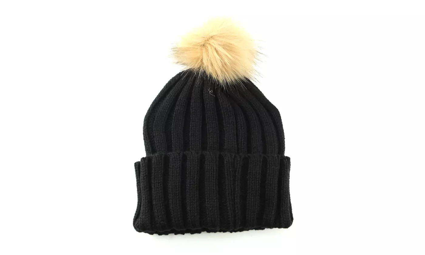 Warm Winter Kids Knitted Skull Cap Faux Fur Pom Beanie