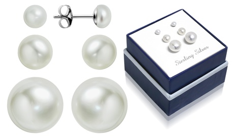 MUIBLU Gems Sterling Silver 4MM 6MM 10MM Trio Freshwater Pearl Stud Earring Set 3 Ct June Pearl Sterling Silver