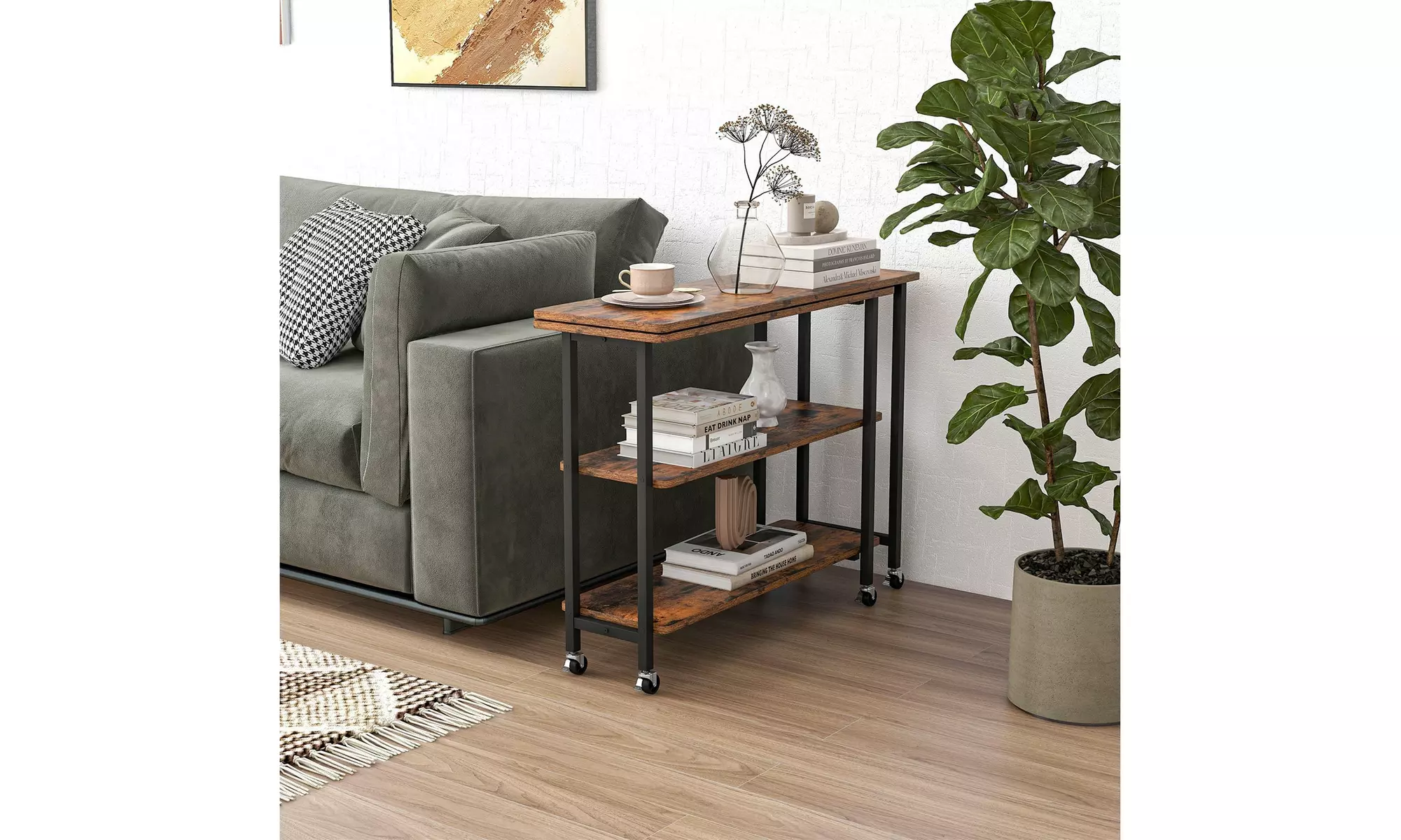 Costway 360-degree Rotating L-Shaped Sofa Side Table with Shelf