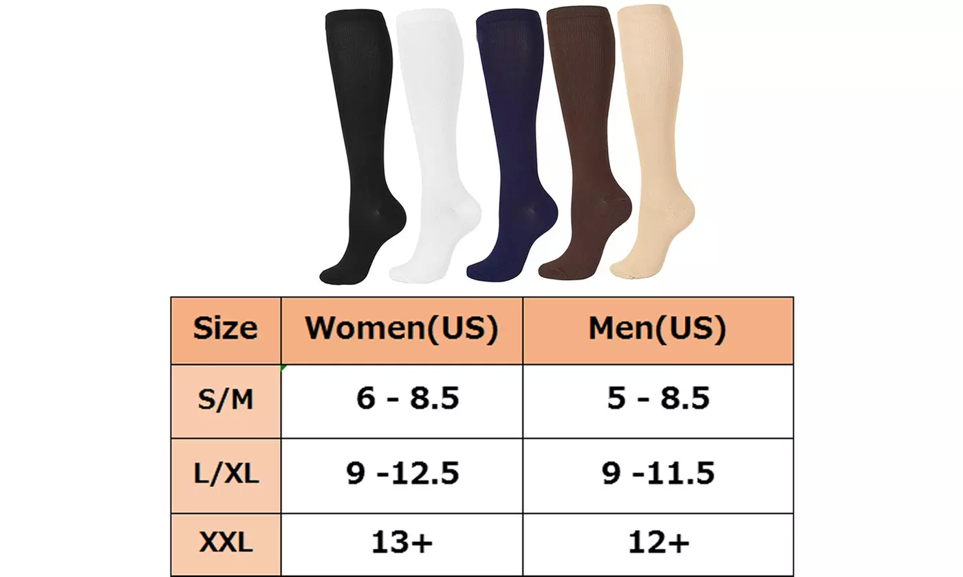3-6 Pairs Knee-High Solid Compression Socks for Men & Women Graduated 15-20 mmHg