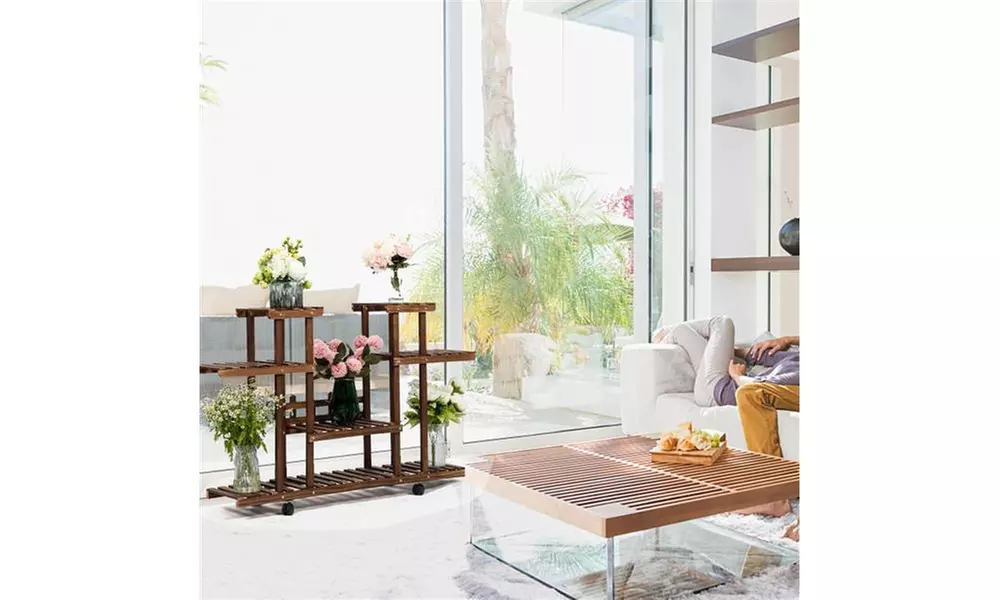 Artisasset 4-Layer 12-Seater Multifunctional Wheel Wooden Plant Stand