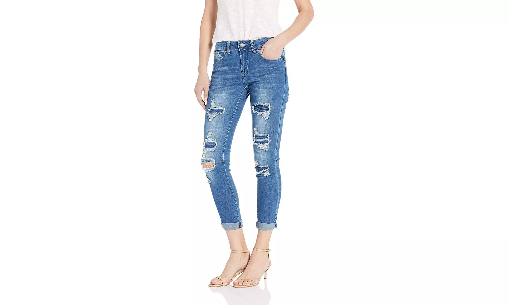 CG Jeans High Waisted Blue Denim Trendy Ripped and Patched  - Primary Image