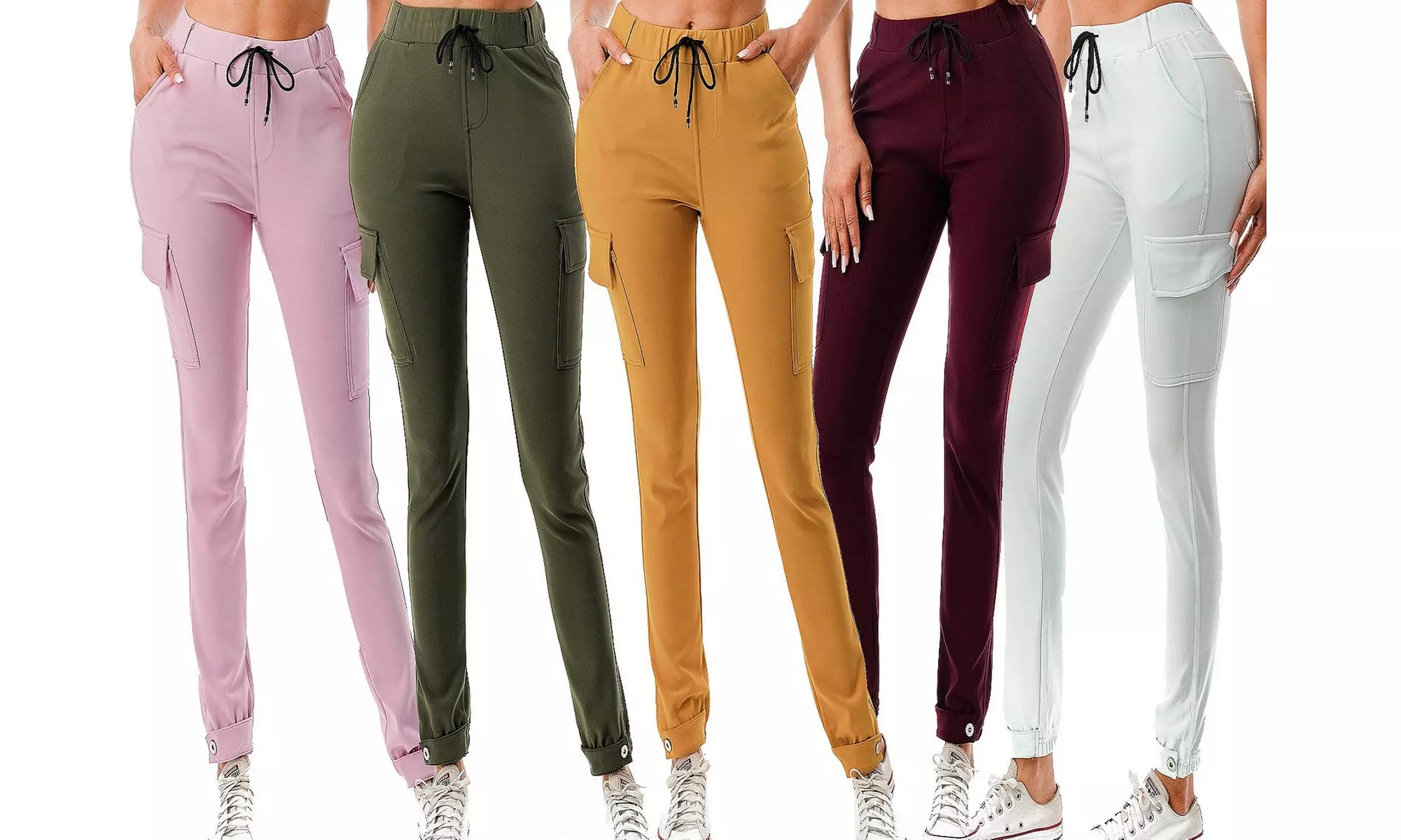 Women's Cargo Joggers High Waist Utility Pants W/ Drawstring Tie & Button Cuff - Primary Image