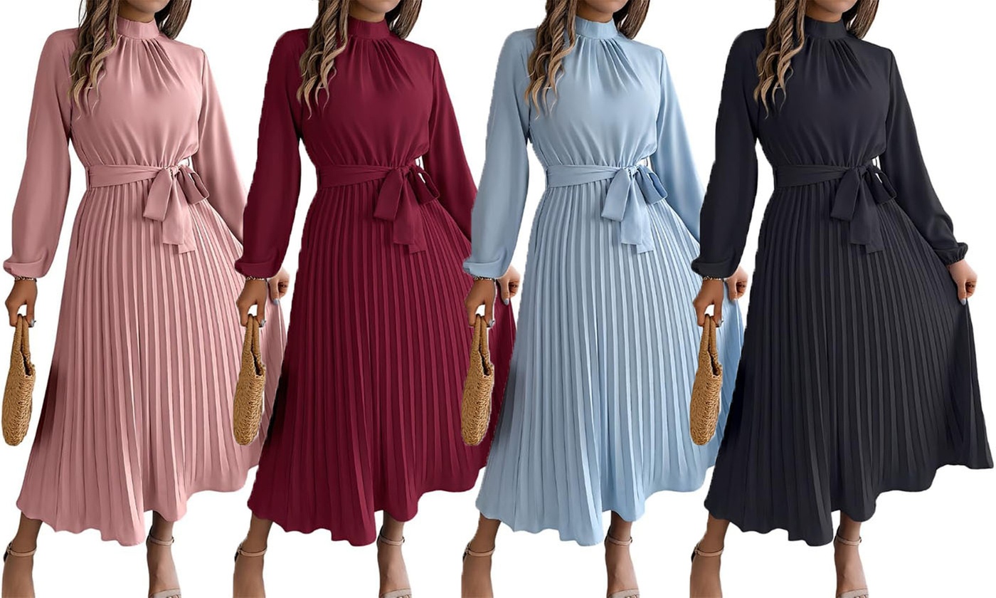 Women's Elegant Mock Neck Pleated Dress with Belt
