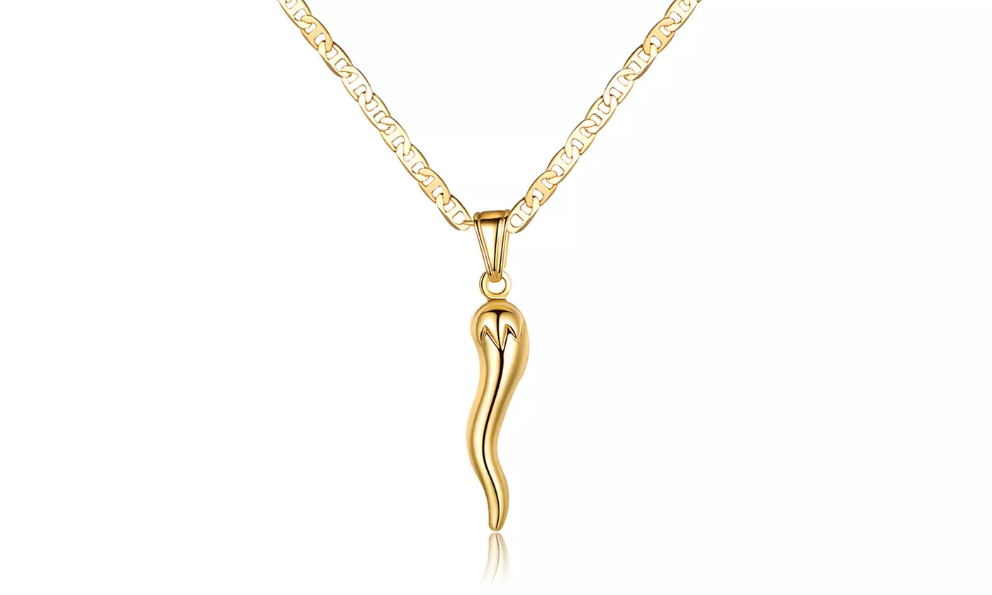 18k Yellow Gold-filled Italian Cornicello Horn Chili Pepper With Mariner Chain
