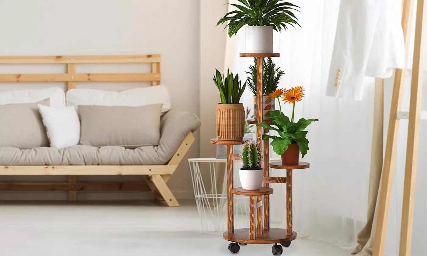 NewHome 5-Tier Wooden Plant Stand Shelf Tall Rolling Flower Pot Holder Rack