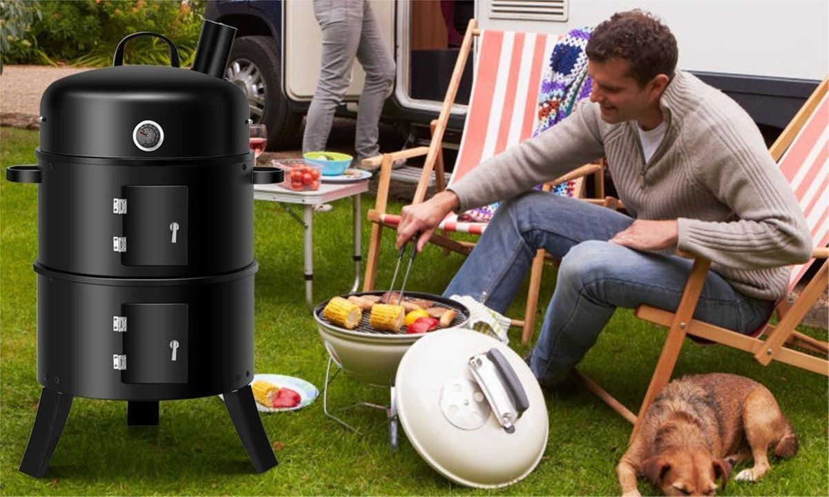 3-in-1 Portable Round Charcoal Smoker Vertical BBQ Grill Built-in Thermometer
