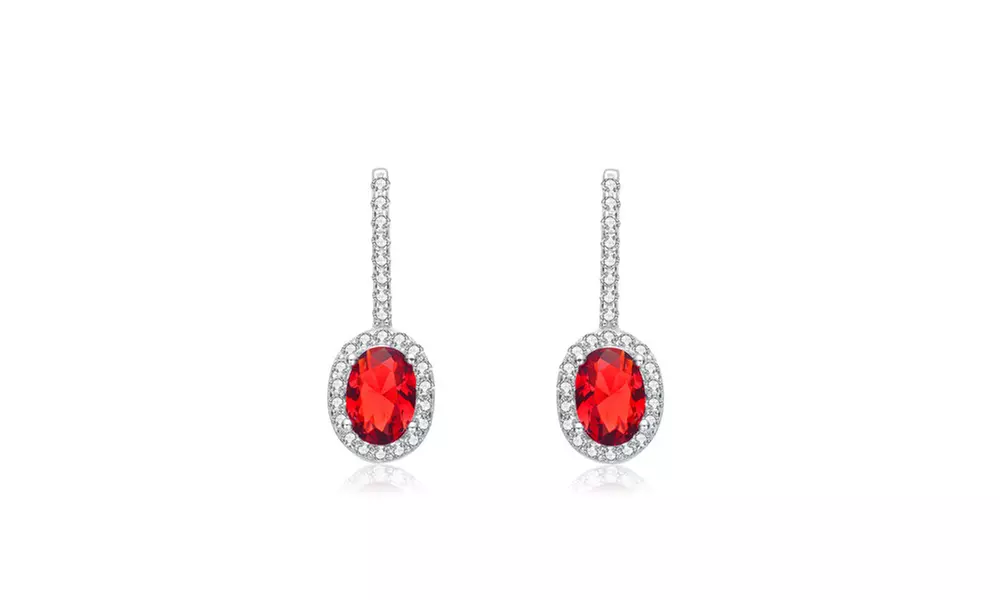 Cubic Sterling Silver Rhodium Plated Ruby Oval Earrings - Second Medium