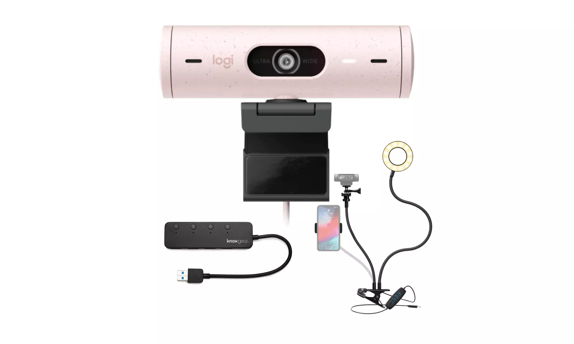 Logitech Brio 500 Webcam with Selfie Ring Light Stand and USB Hub (Rose) - Primary Image
