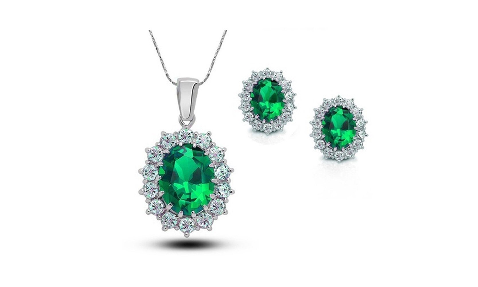 24k white gold plated 4 Ct Round 18 Inch Emerald Necklace And Earring Set.