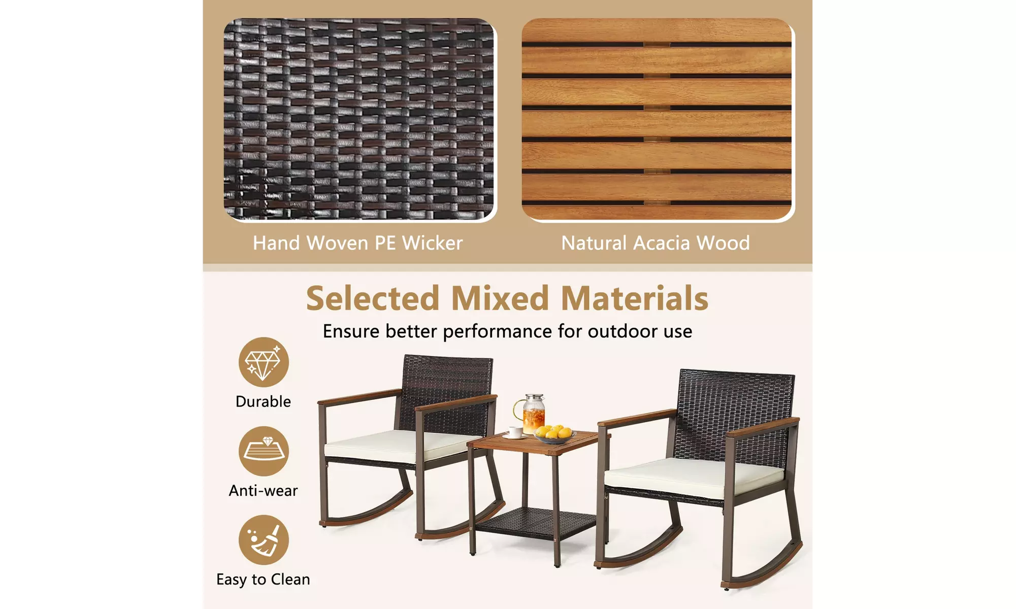 Costway 3 PCS Patio Rattan Rocking Chair Bistro Set Armrest Cushion Table