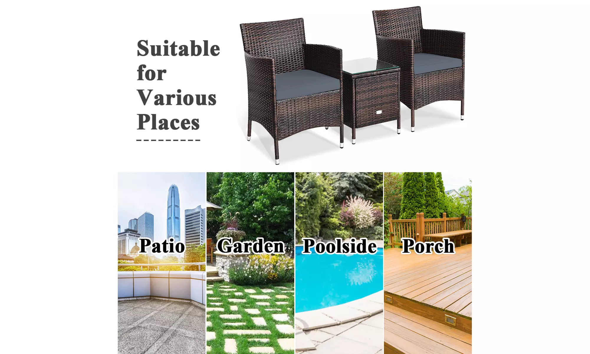 Costway Outdoor 3 PCS PE Rattan Wicker Furniture Sets Chairs Coffee Table Garden