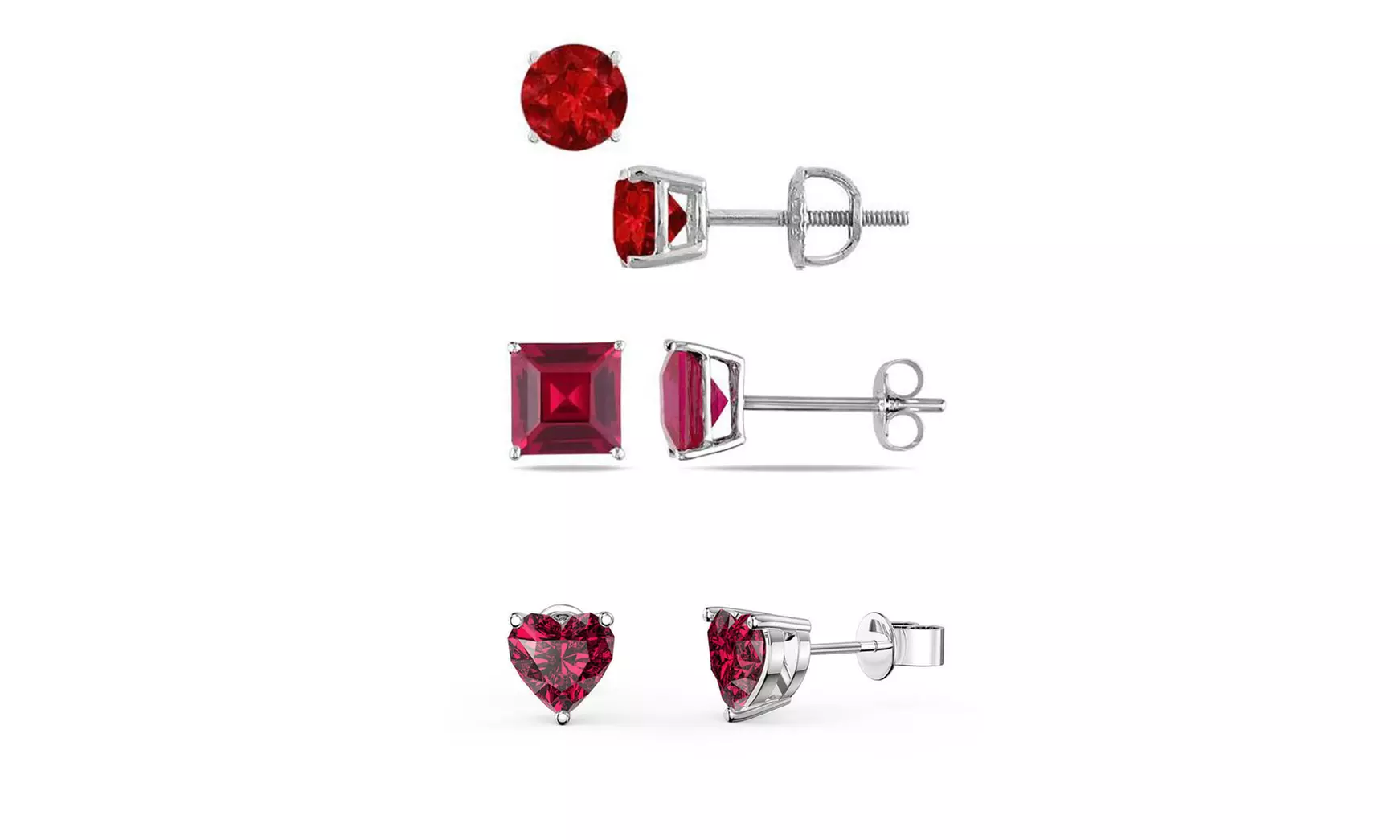 18k White Gold 1Ct 7mm Ruby 3 Pair Round, Square and Heart Stud Earrings Plated - Primary Image