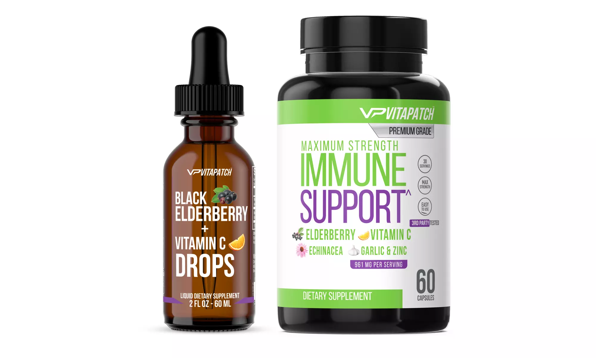 Elderberry Juice with Vitamin C Drops and Immune Support Capsules