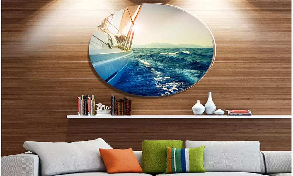 Yacht Sailing in Wavy Waters' Disc Large Seashore Metal Circle Wall Art - Primary Image