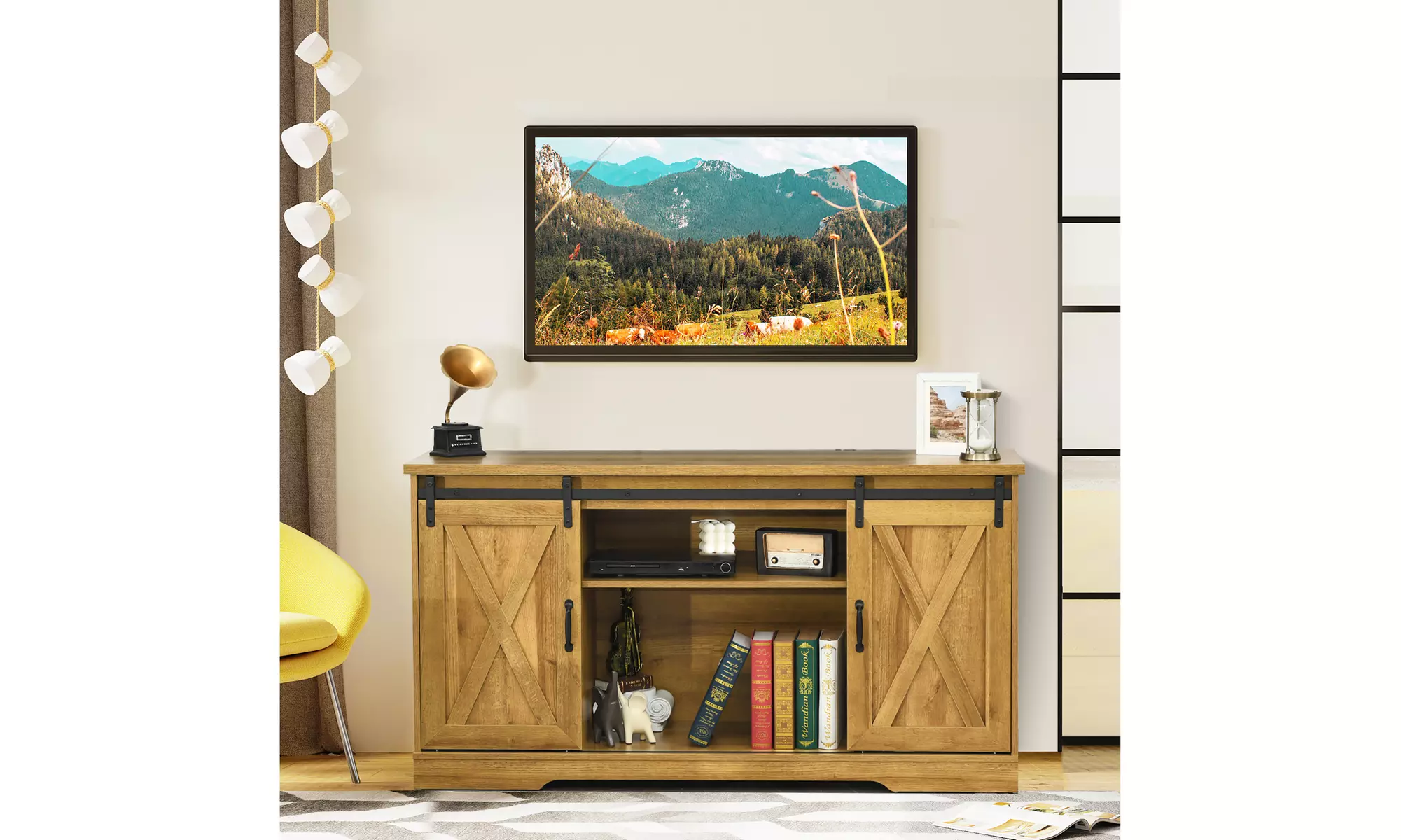 Costway 59'' Farmhouse TV Stand Sliding Barn Door Cabinet w/ Adjustable Shelf