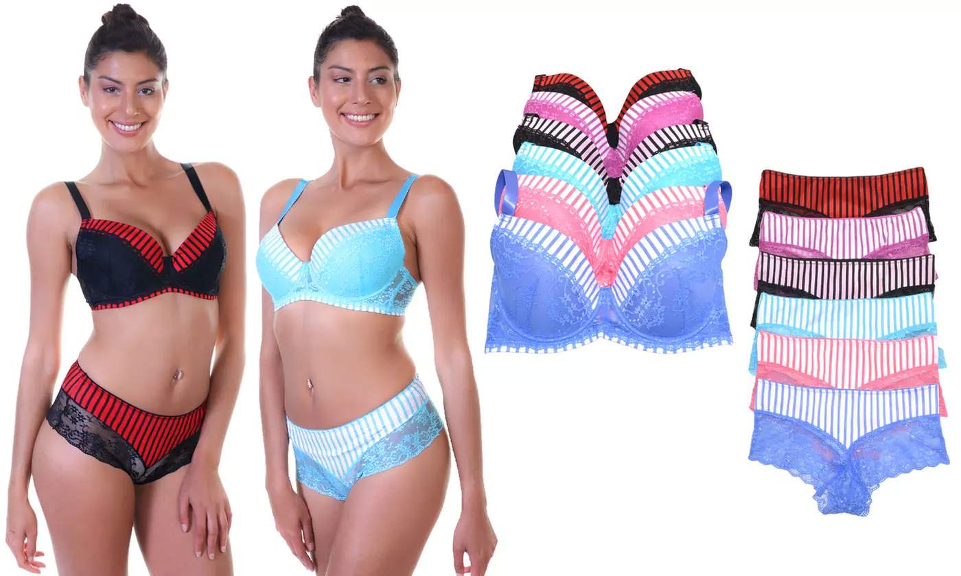 6 Pack Matching Bra and Panty Set with Pin-Stripe and Lace, SOLD SEPARATELY  - Primary Image