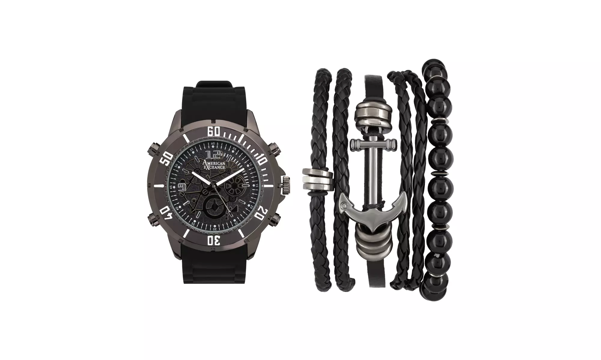 American Exchange Men's Analog Quartz Watch And Stackable Set Shiny Black - Primary Image