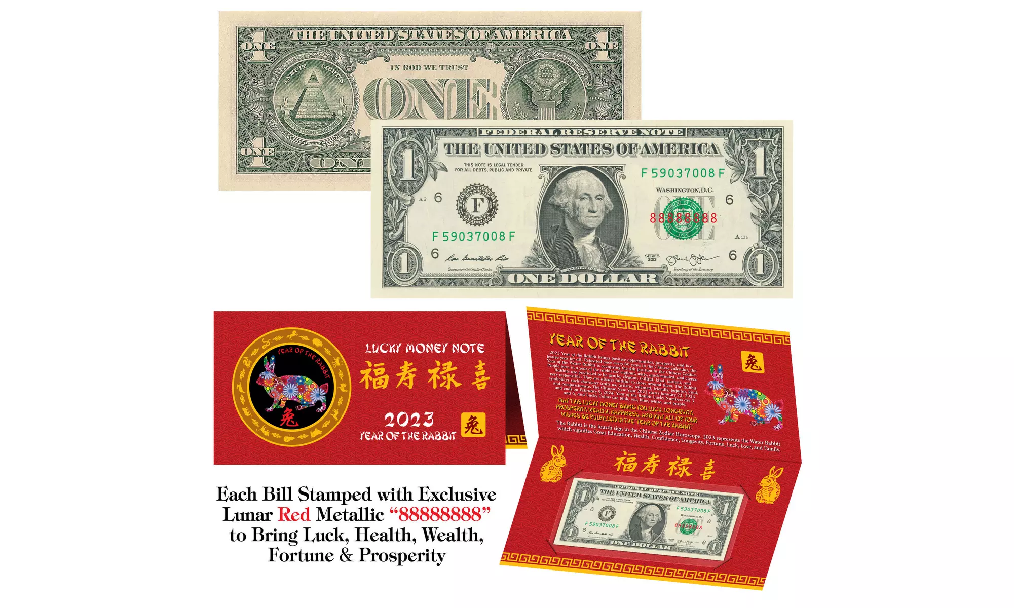 2023 Chinese New YEAR of the RABBIT Lunar Red Lucky 8's One Dollar Bill Foldover - Primary Image