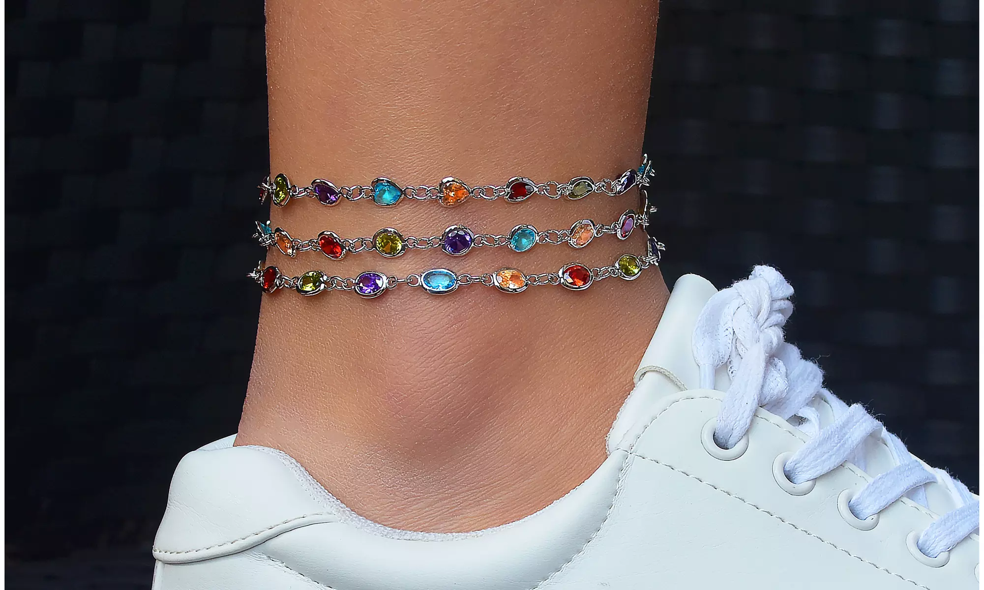 Rainbow Bezel Set Anklets Made With Crystals - Primary Image
