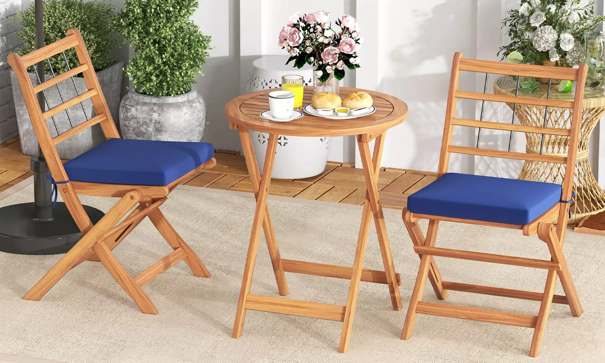 Costway 3 PCS Acacia Wood Patio Bistro Set Folding Outdoor Table and Chairs