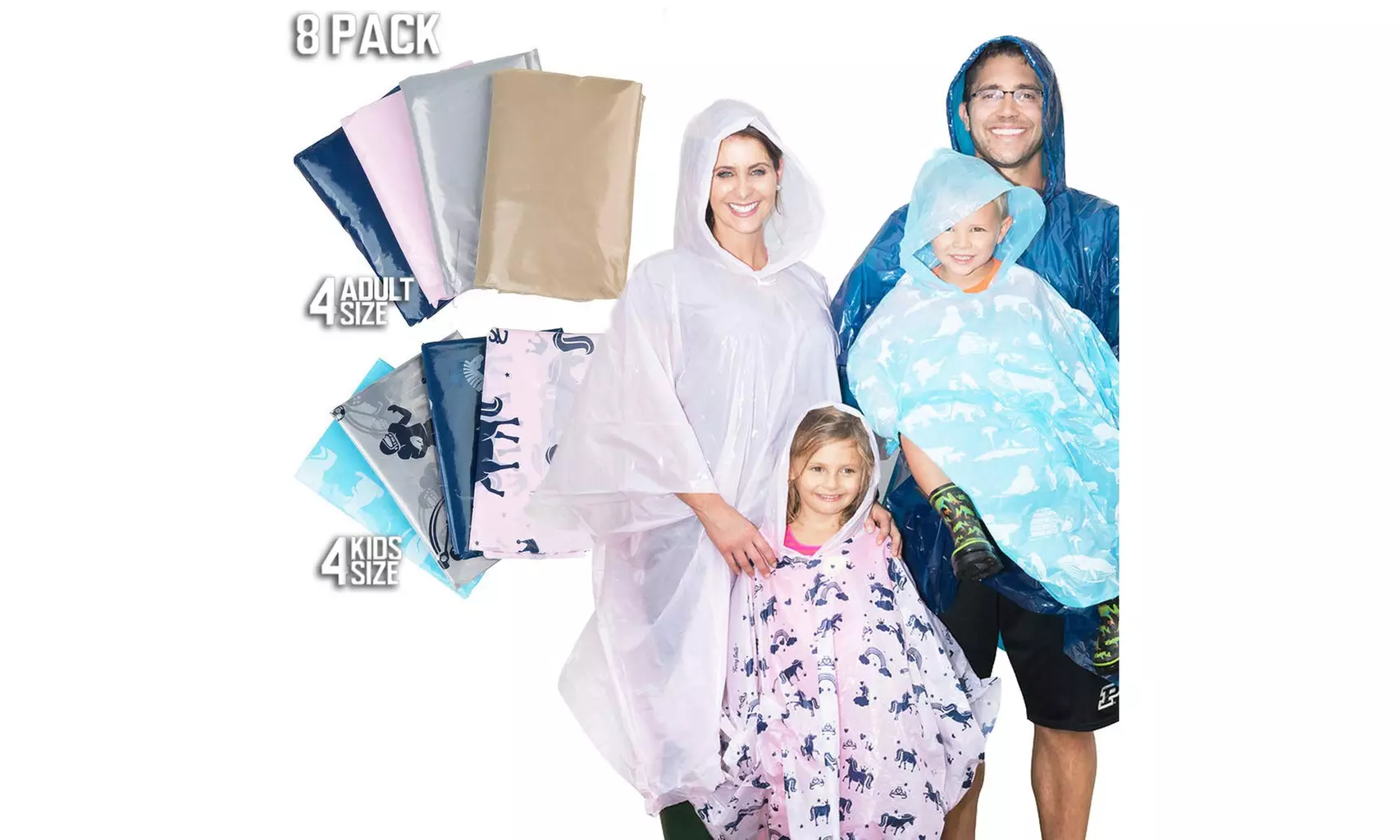 Disposable Rain Poncho Family Pack of 8. Emergency Rain Ponchos - Second Medium