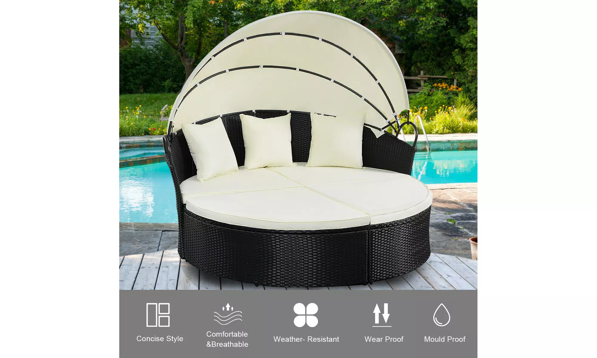 Costway Outdoor Round Sofa Daybed-Black,Retractable Canopy,Patio Furniture