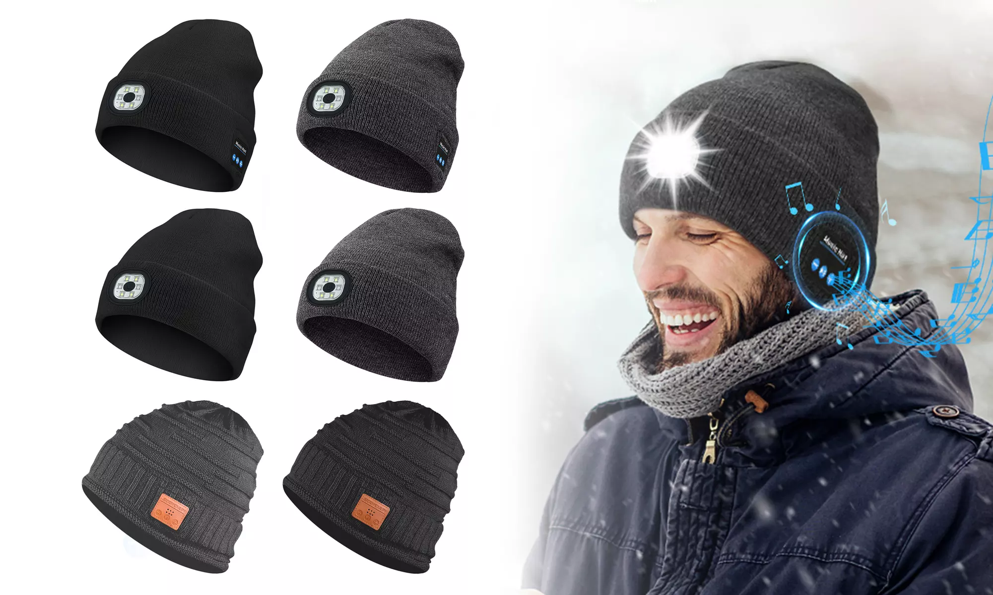 Unisex Bluetooth Beanie with 6 LED Lights Night Light Winter Knit Hat - Primary Image