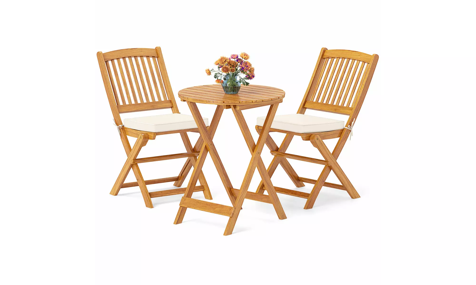 Costway Outdoor Folding Chairs Acacia Wood High-Back Chair with Seat Cushions