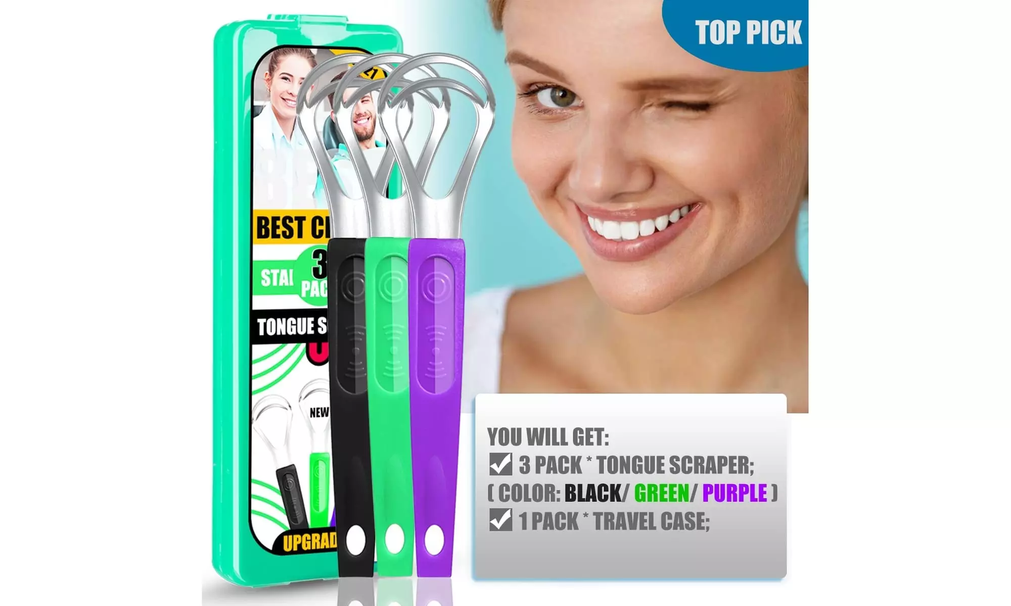 3-Pack Tongue Scraper with Travel Case, Professional Metal Tounge Scrappers  - Second Medium
