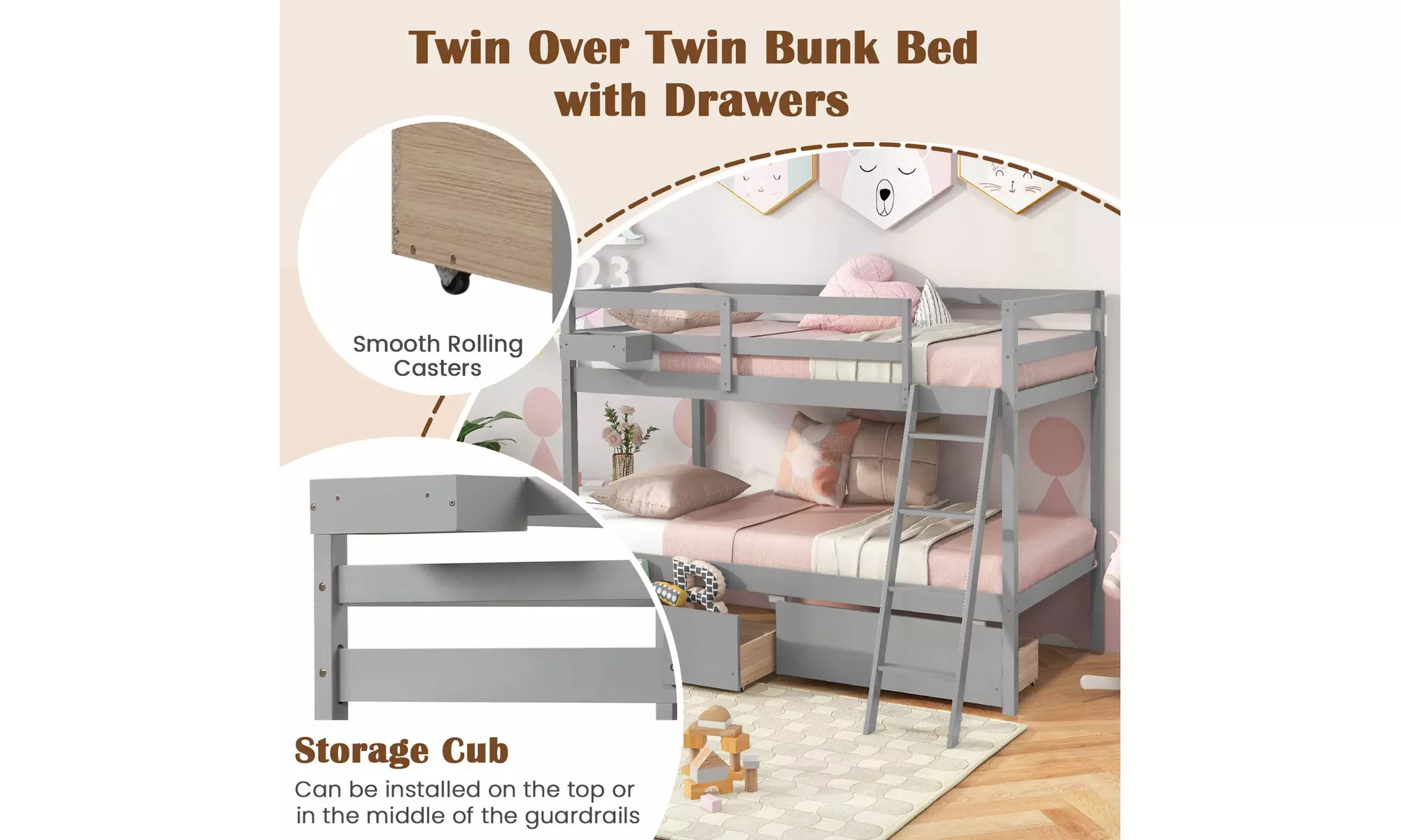 Costway Twin Over Twin Bunk Bed w/ 2 Storage Drawers Ladder No Box Spring Needed