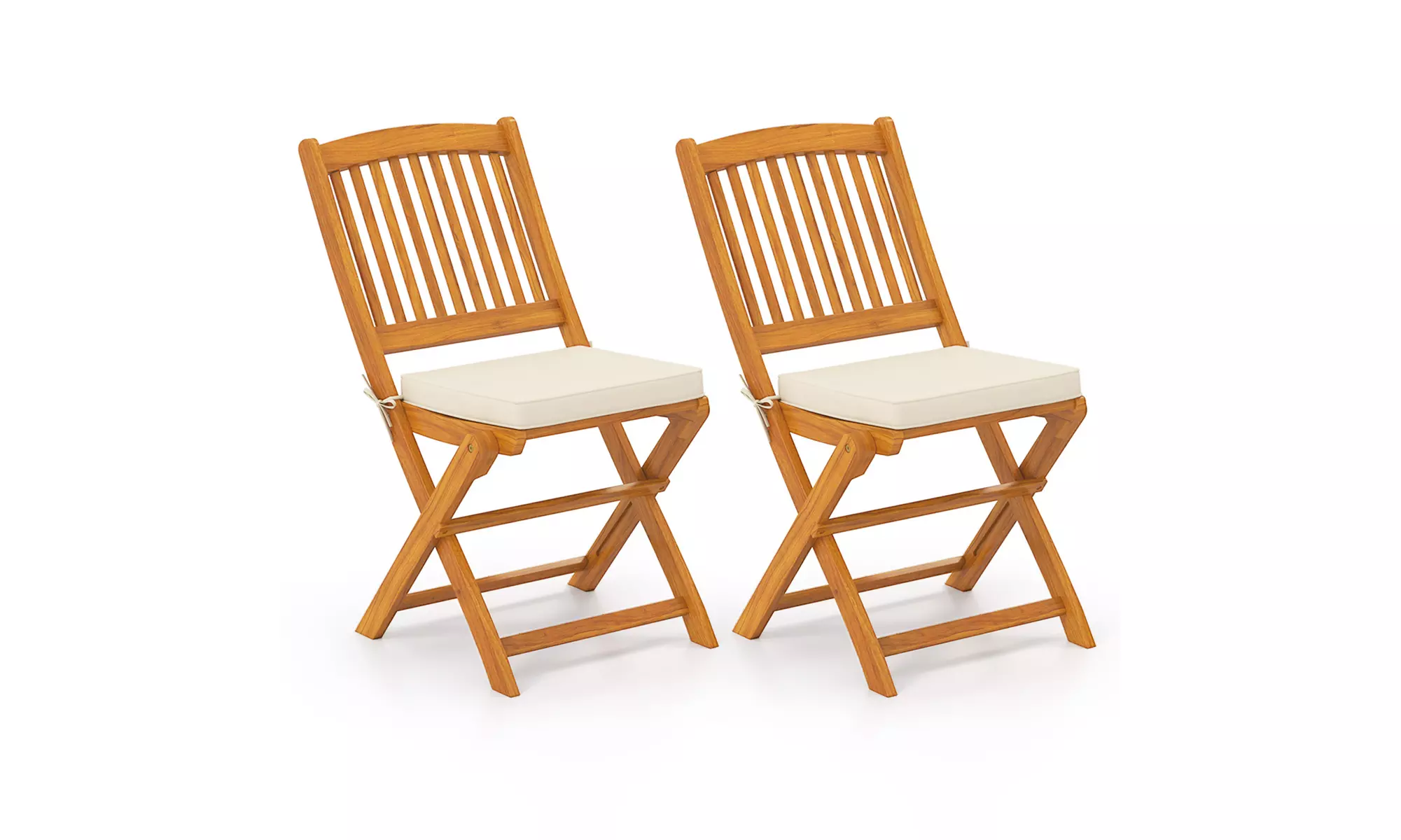Costway Outdoor Folding Chairs Acacia Wood High-Back Chair with Seat Cushions