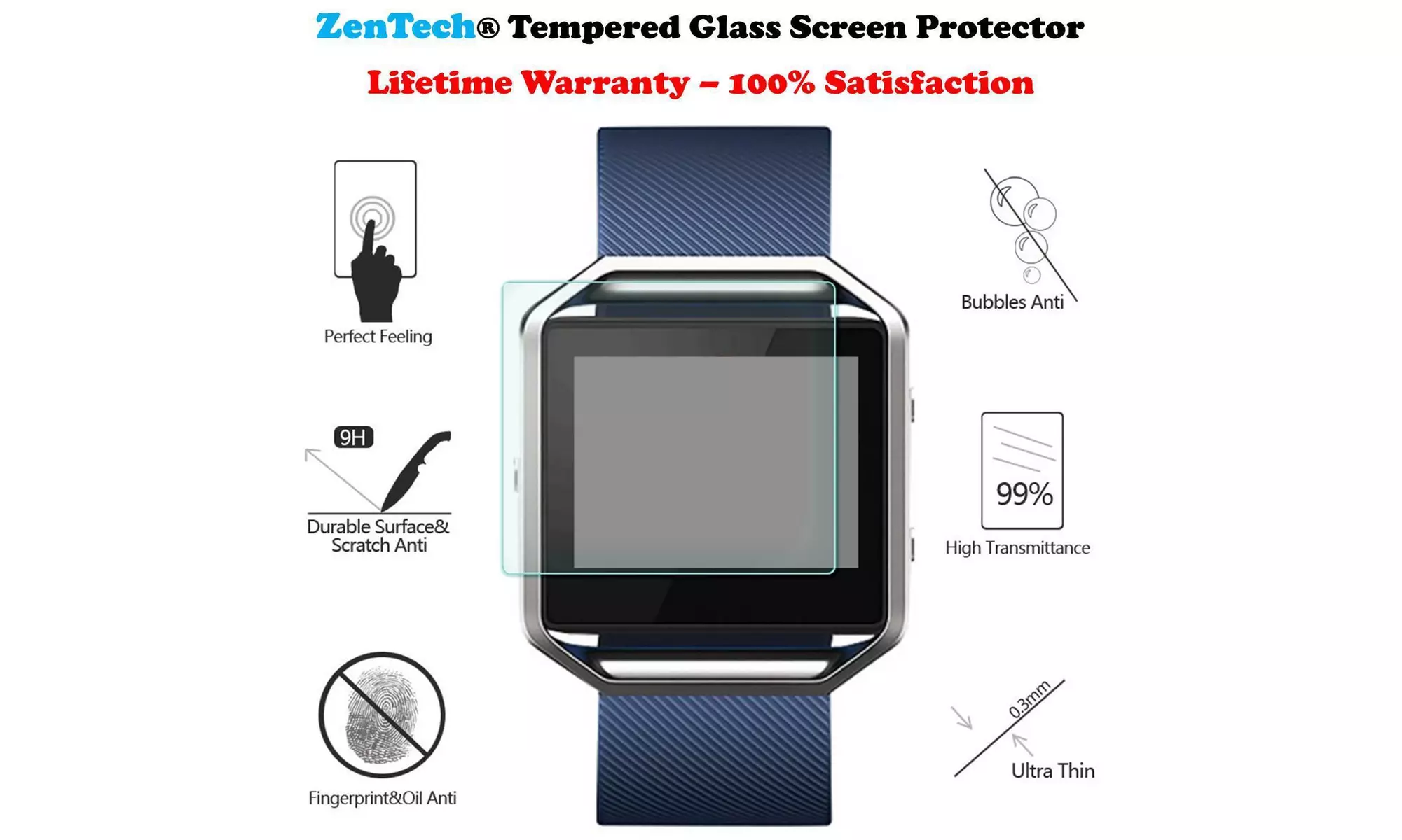 ZenTech Tempered Glass Screen Protector Guard Shield Cover For Fitbit Blaze - Second Medium