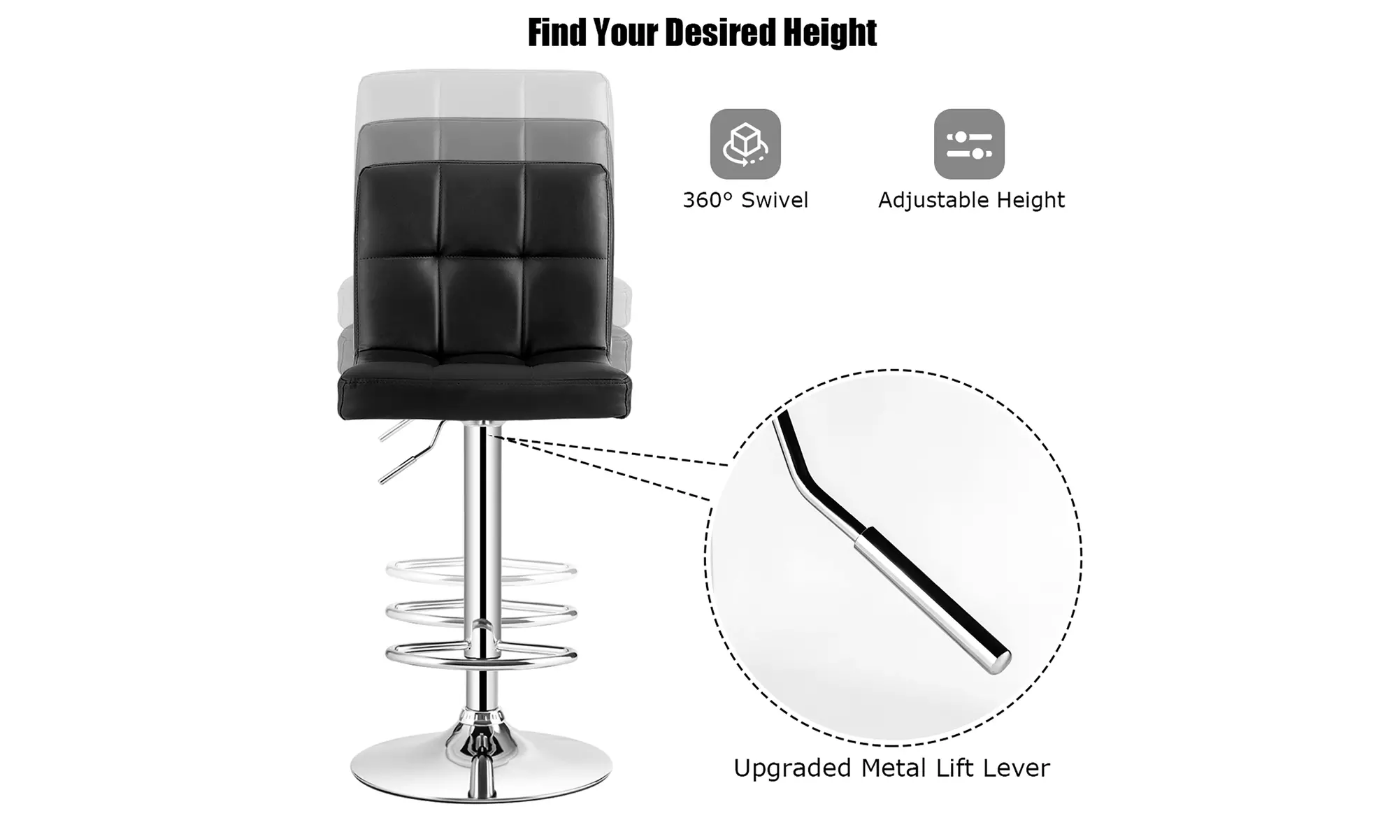 Costway Set of 2 Adjustable Bar Stools PU Leather Swivel Counter Pub Chair