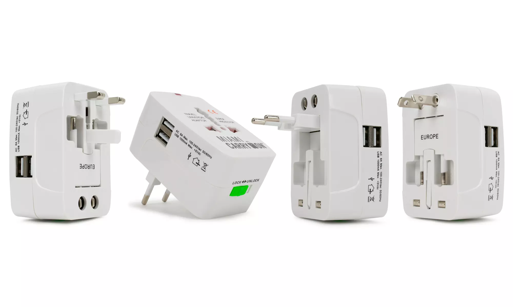 Miami CarryOn International Travel Adapter with Two USB Ports (1/2/3/4 Packs)