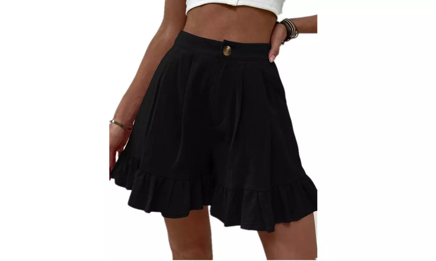 Women Ladies High Waist Baggy Wide Leg Shorts Pleated Button Summer Hot Pants