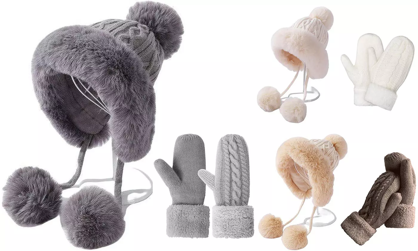 Women's Fuzzy Pom Plush Knit Beanie and Winter Fleece-Lined Mittens Glove Set