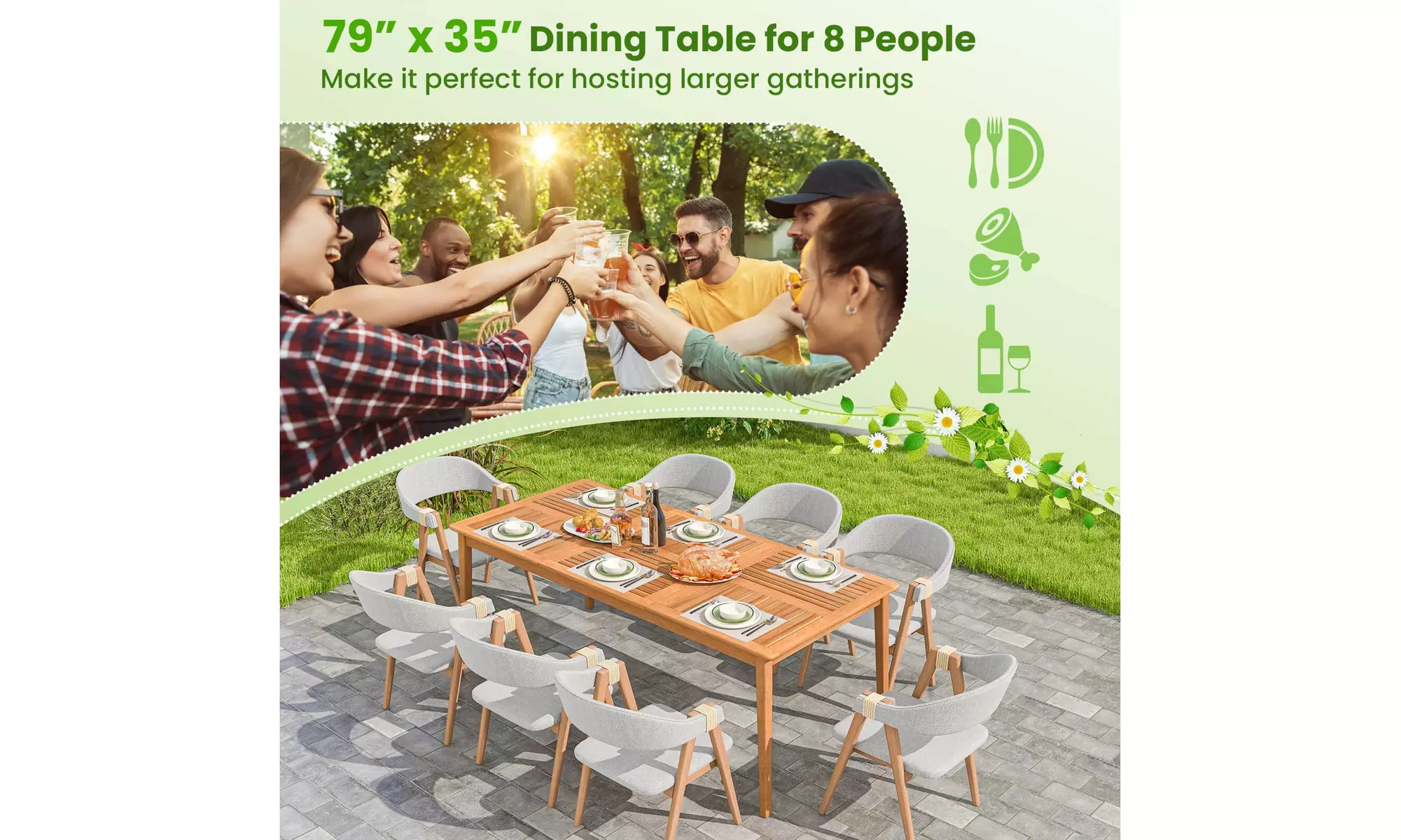 Costway 6/8-Person Outdoor Acacia Wood Dining Table with 1.96" Umbrella Hole