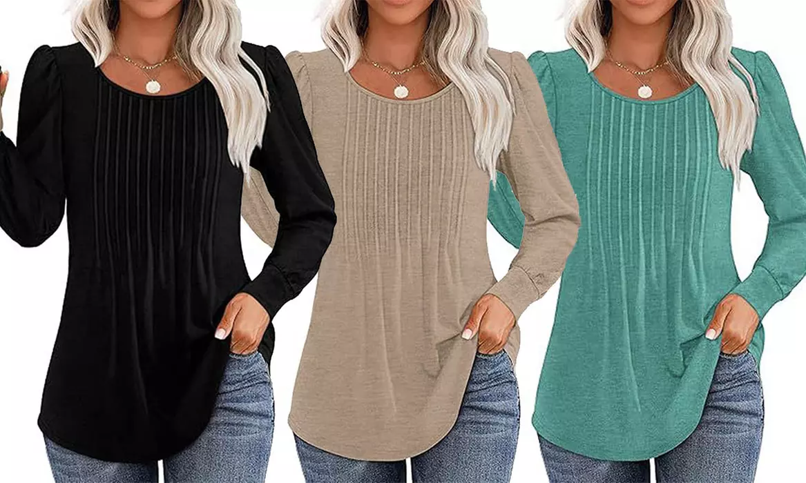 Women Long Sleeve Shirts Fall Tops Casual Pleated Tunic Tops - Primary Image