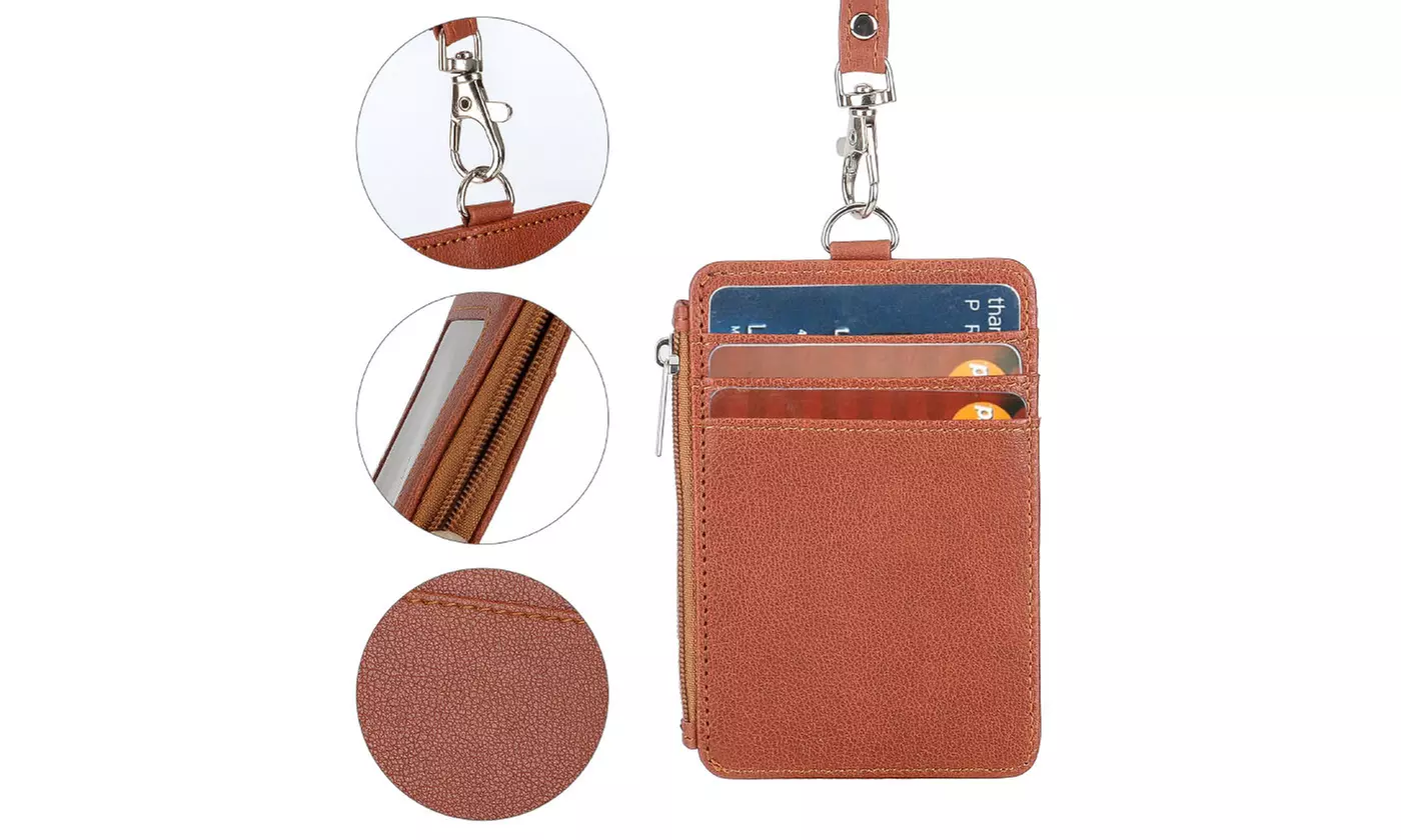 PU Leather Detachable Neck Lanyard ID Badge and Card Holder