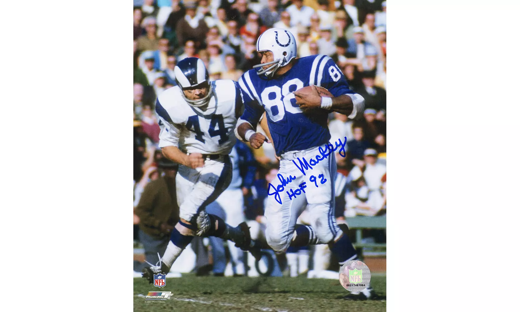 John Mackey Signed Colts Running With Football vs Rams 8x10 Photo w/HOF'92 - Primary Image