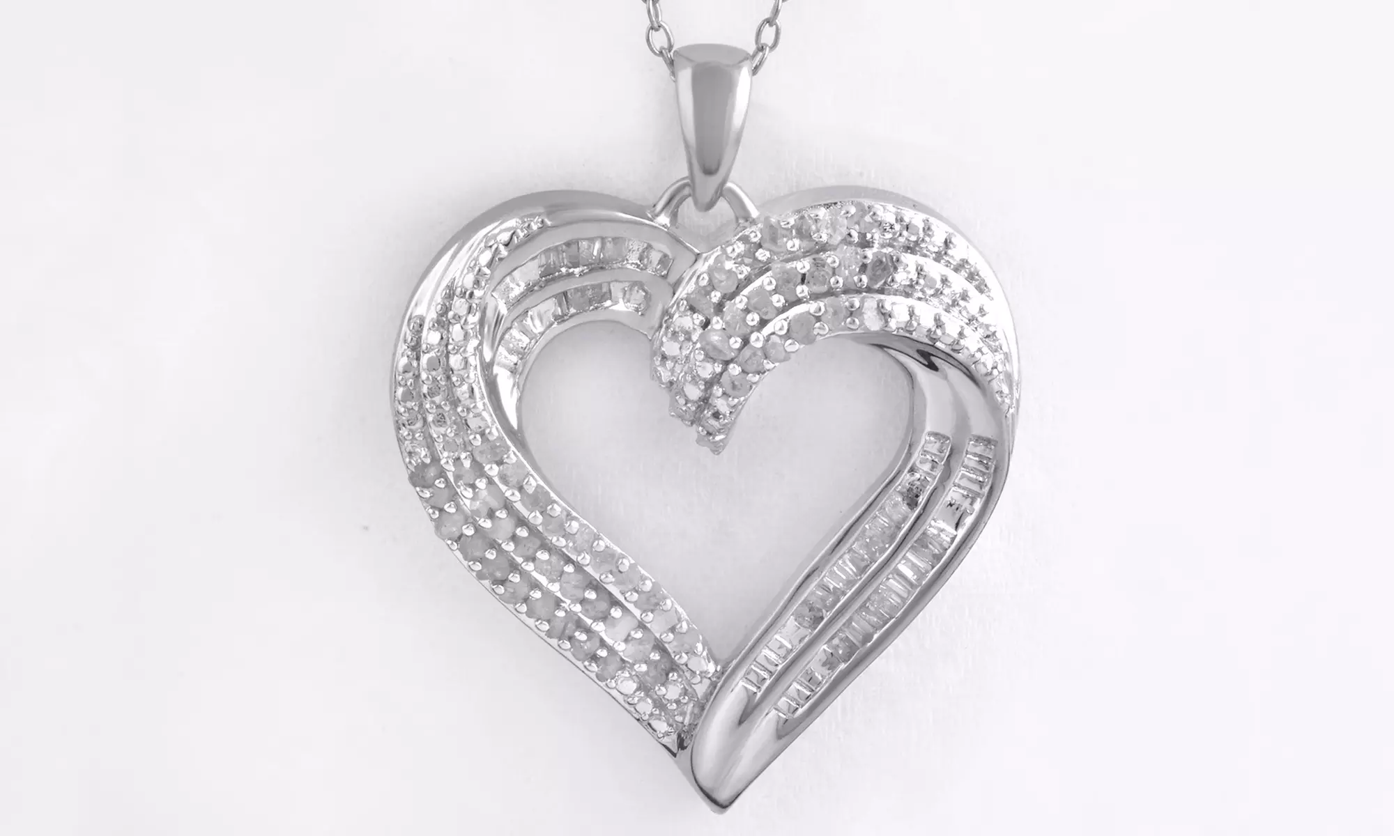 1/2 CT Sterling Silver Baguette & Round Diamond Heart Pendant Necklace for Women - Second Medium