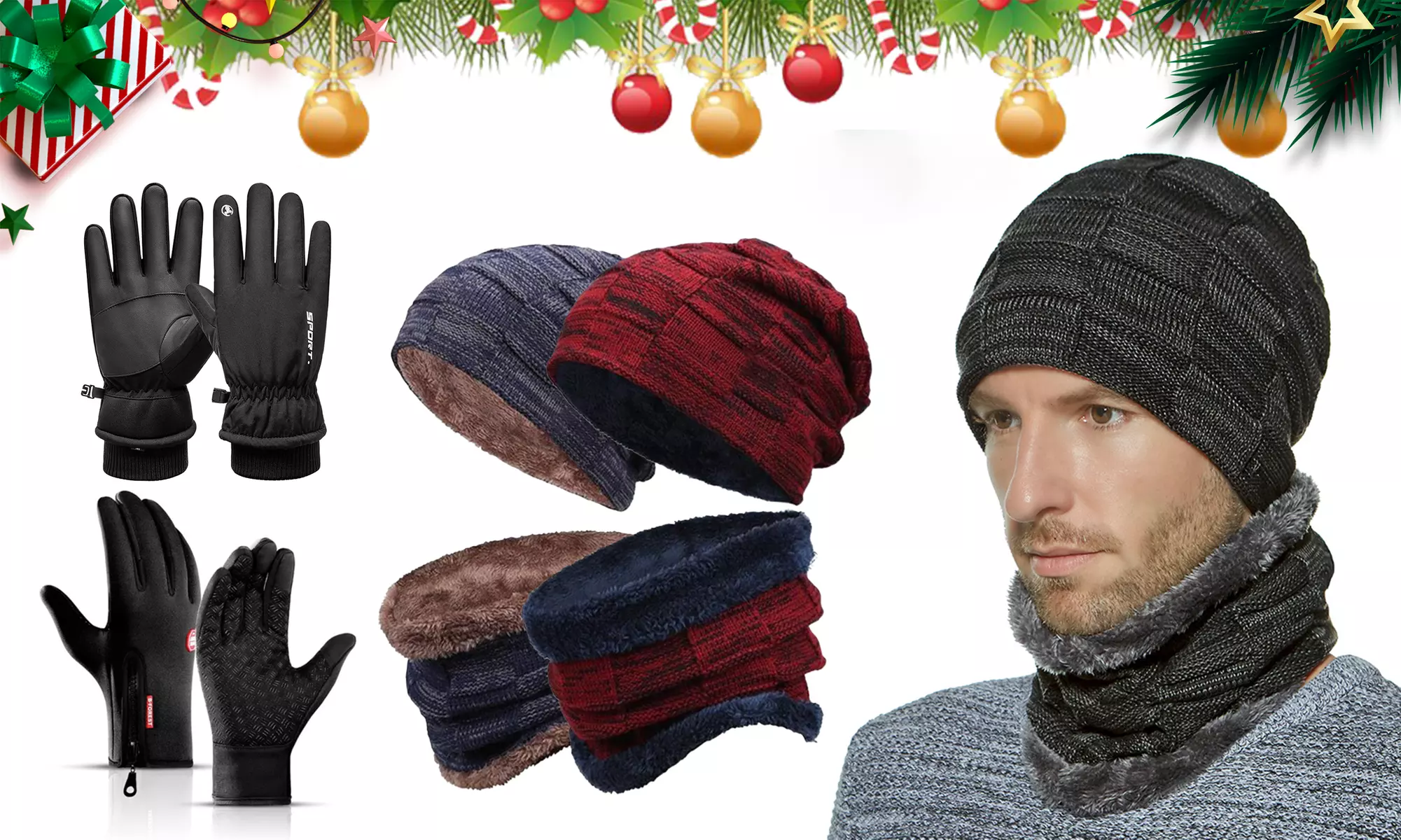 Winter Warm Beanie Hat and Scarf Set & Anti-slip Windproof Touch Screen Gloves