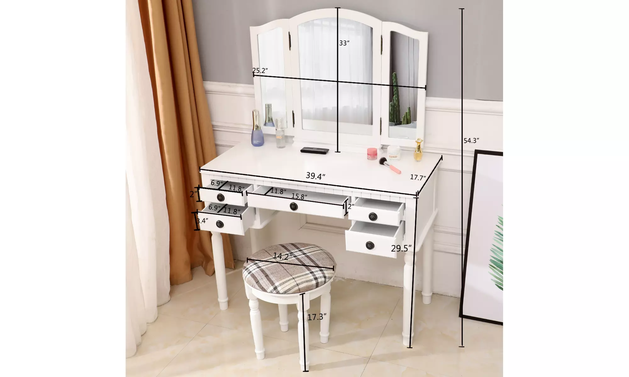 FCH Dresser Three-Fold Square Mirror Drawers Roman Column Table/Stool White - Primary Image