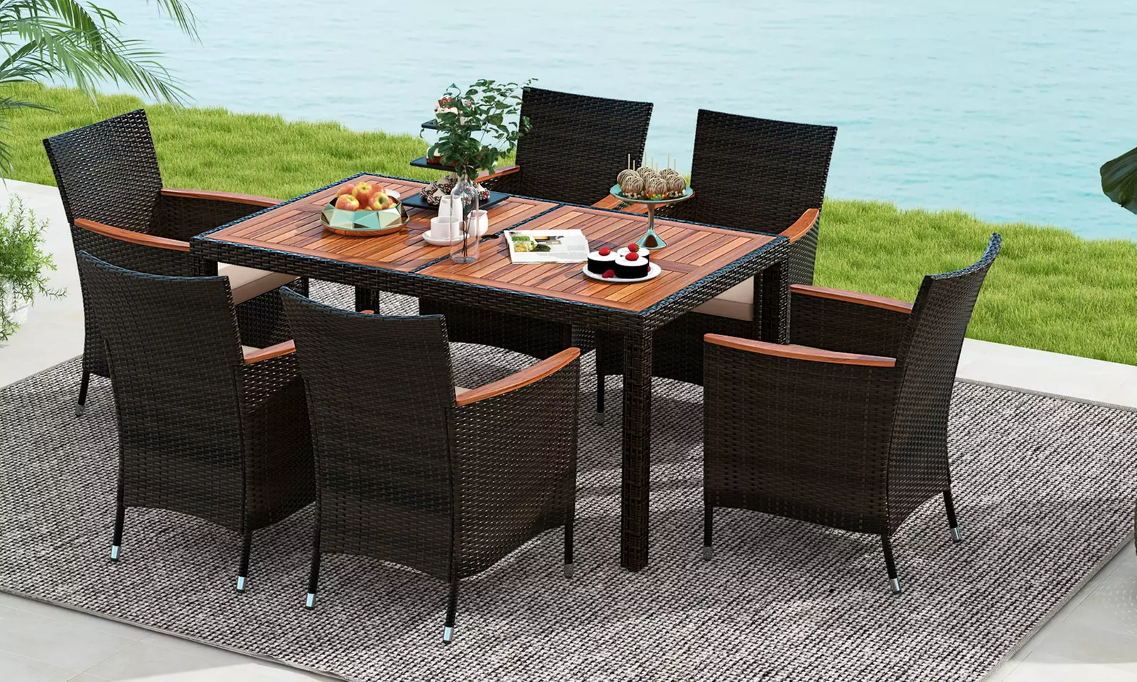 Costway 7 Pieces Outdoor Wicker Dining Set with Acacia Wood Table and 6 Chairs
