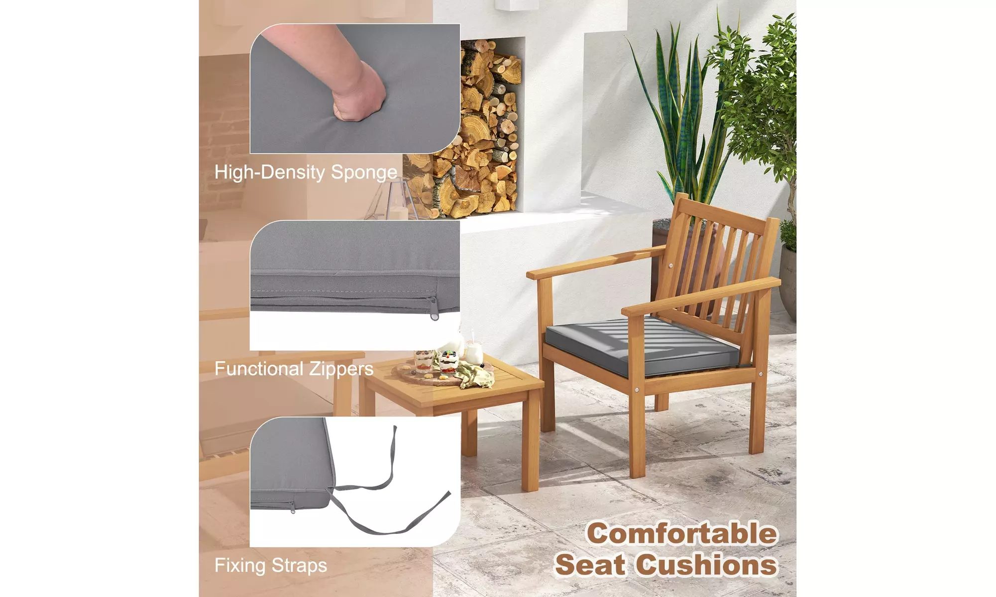 Costway 3 PCS Patio Wood Furniture Set Acacia Wood Chairs & Coffee Table