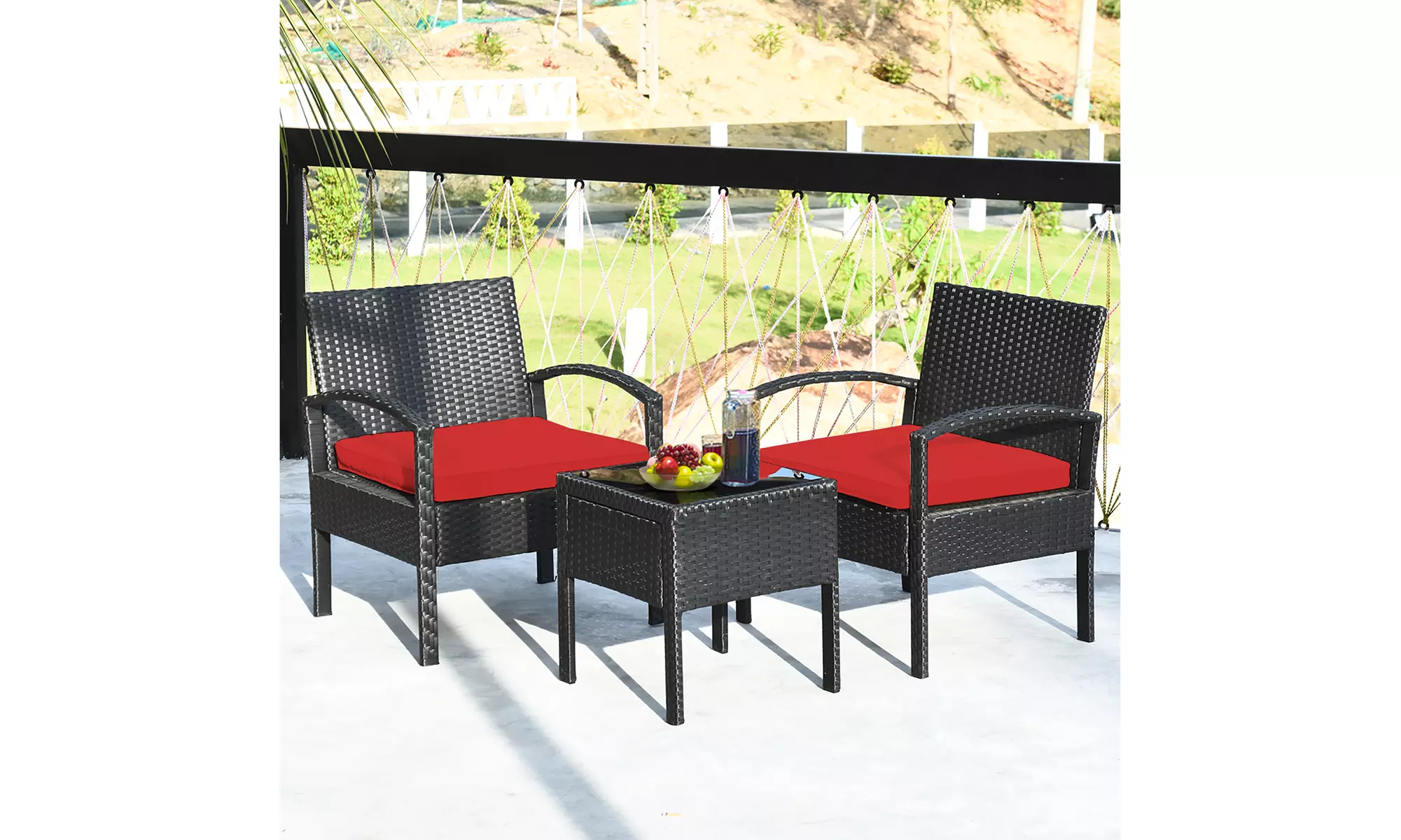 3PCS Patio Rattan Furniture Set Conversation Sofa Cushioned Coffee Table Garden - Primary Image